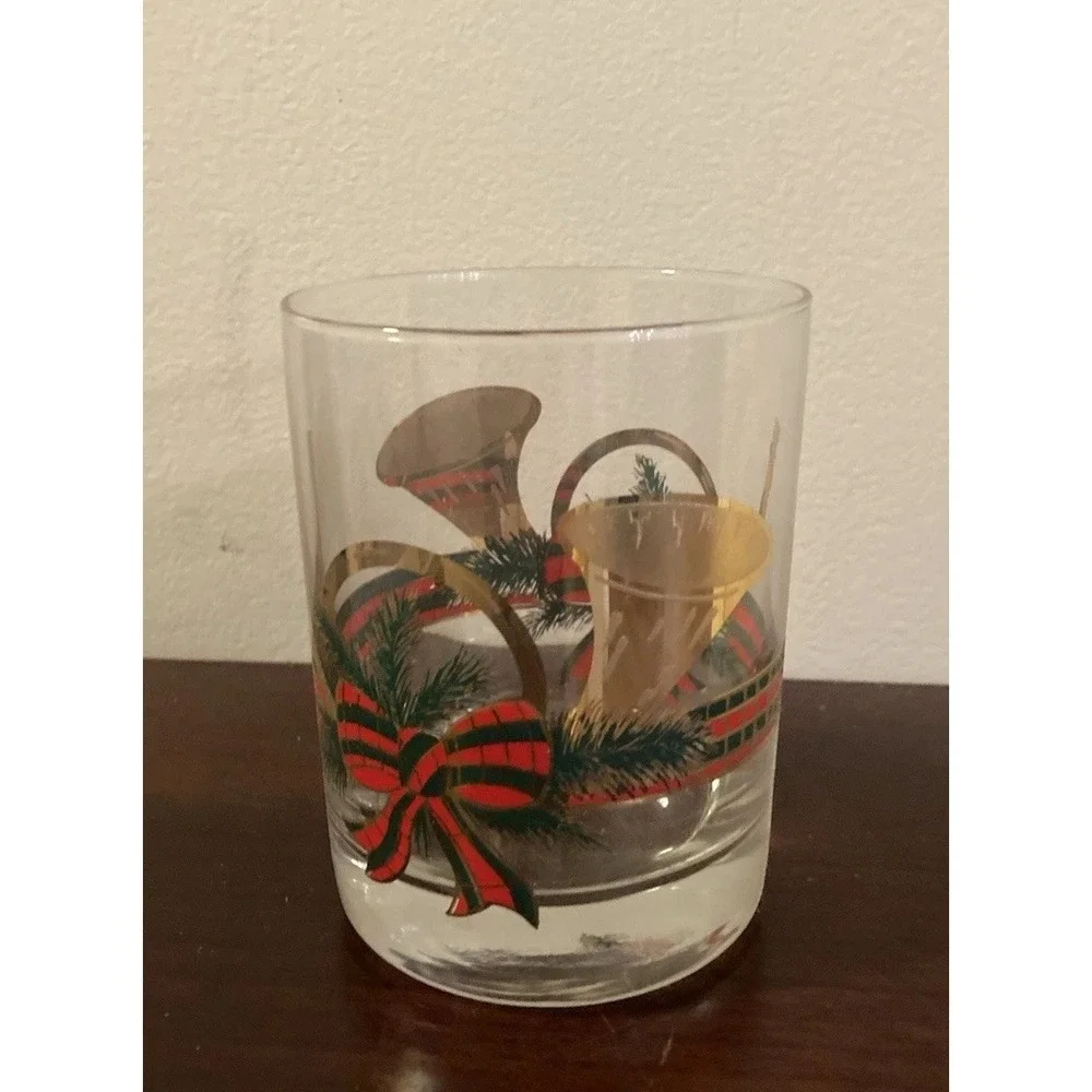 Set Of 4 Vintage‎ MCM Culver Glasses 22k Gold Christmas Yule Horn With Box